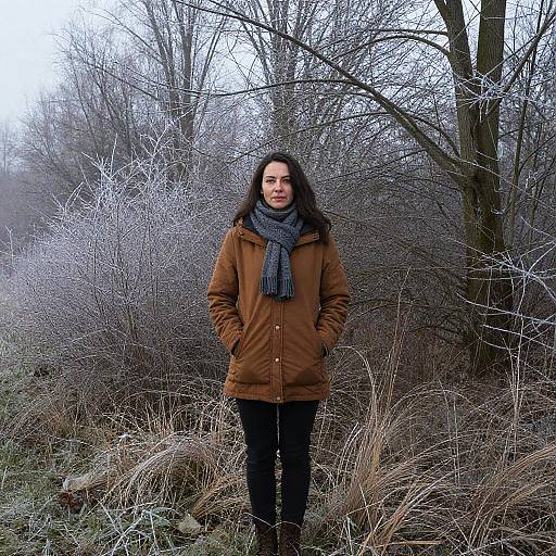Woman Standing in Frosty Forest Clearing