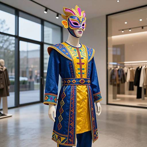 Photograph of a mannequin in a vibrant blue and yellow embroidered Renaissance-style dress with a colorful, feathered masquerade mask, displayed in