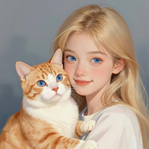 Young Girl and Blue-Eyed Cat Illustration