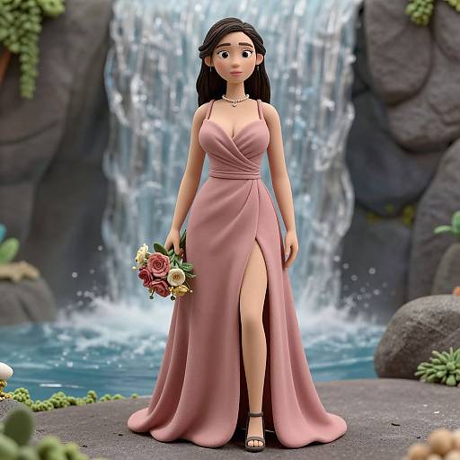 Digital CGI image of a beautiful woman with long black hair in a pink, sleeveless, high-slitted gown, holding a rose bouquet, standing in