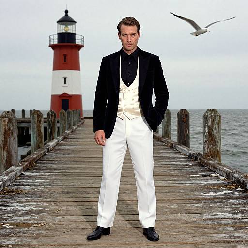 Photograph of a stern, handsome man in black tuxedo jacket and white pants, standing on a weathered pier with a red and white l