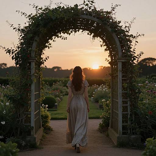 Photograph of a woman with long brown hair, in a flowing white dress, walking through a vine-covered archway towards a sunset in a lush garden