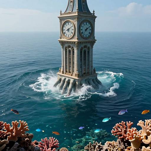 Surreal Clock Tower Rising from Ocean