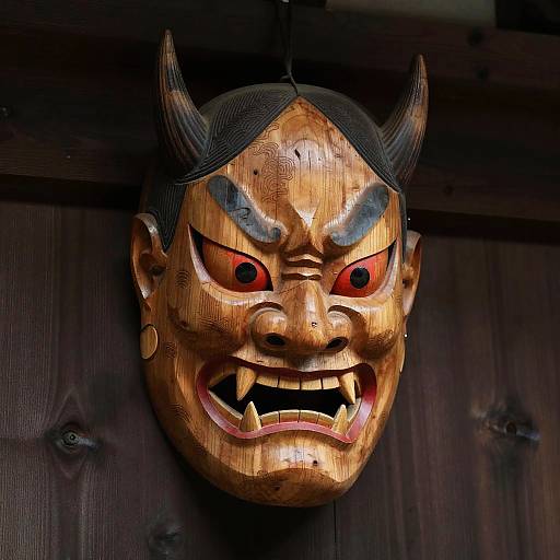 Photograph of a wooden Japanese oni mask with red eyes, sharp teeth, black horns, and black hair, hanging on a dark wooden wall.