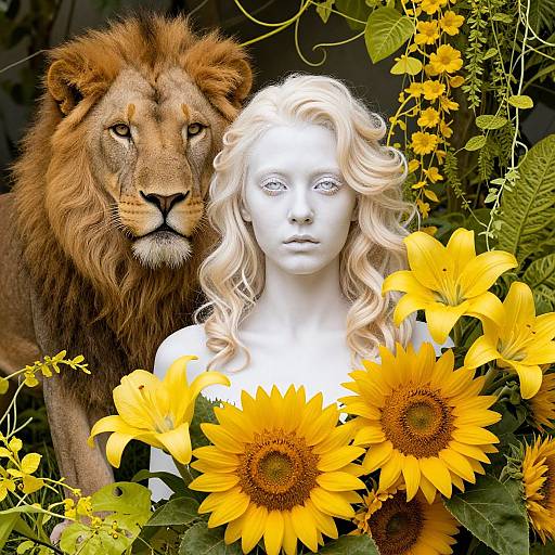 Photograph of a white, wavy-haired mannequin with sunflowers, standing beside a realistic lion, surrounded by vibrant yellow flowers and green foliage