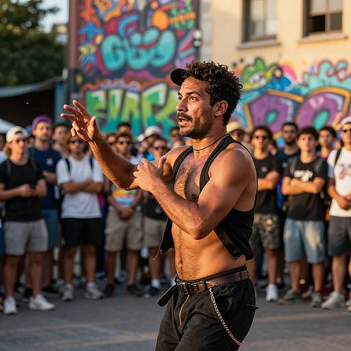 Photograph of a muscular, curly-haired, bearded man in a black cap and suspenders, performing in front of a colorful graffiti wall and a