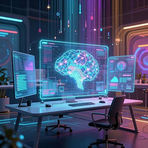 Neon-lit futuristic office with a glowing holographic brain on a triple-monitor desk, vibrant blue and purple lights, sleek modern chair, and digital