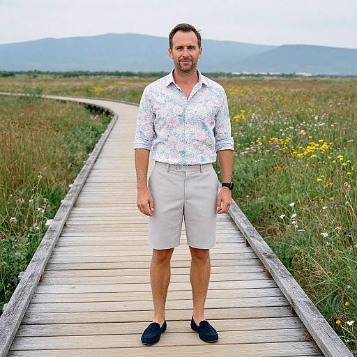 Photograph of a smiling, bearded man in a floral shirt, white shorts, and blue shoes standing on a wooden boardwalk through a grassy