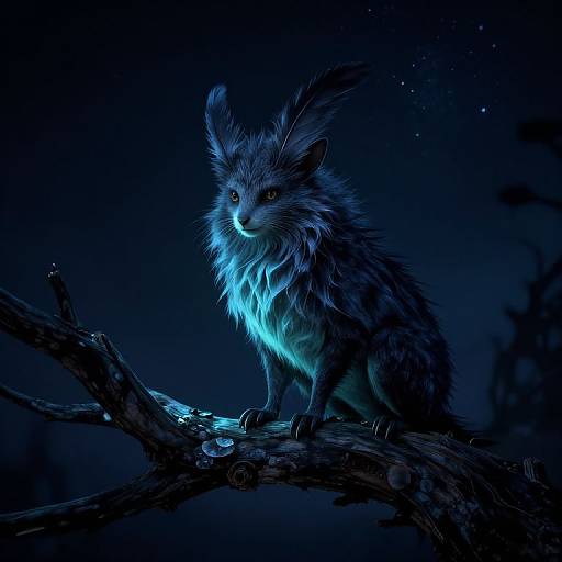 Digital artwork of a glowing blue-furred, large-eared creature sitting on a dark tree branch against a starry night sky.