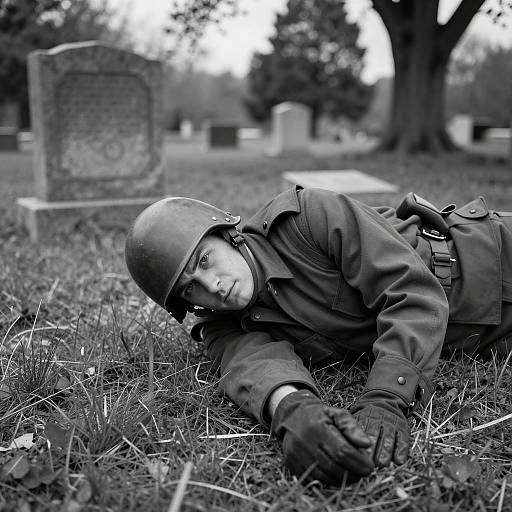 Dramatic Soldier in Grassy Cemetery