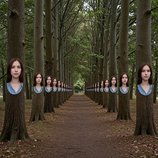 Surreal Forest Path with Mirrors and Woman's Portraits