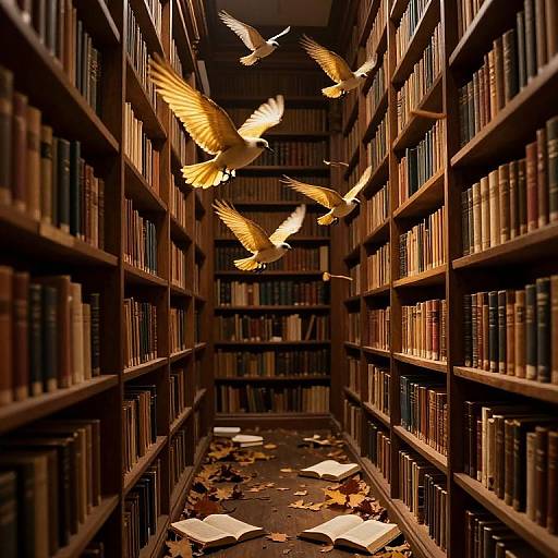 Photograph of a dimly lit library aisle with two golden-feathered birds flying between tall, wooden bookshelves filled with books, scattered autumn
