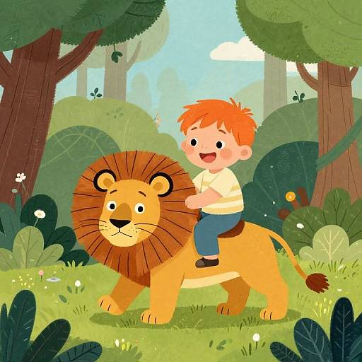 Smiling Boy Riding Lion in Jungle