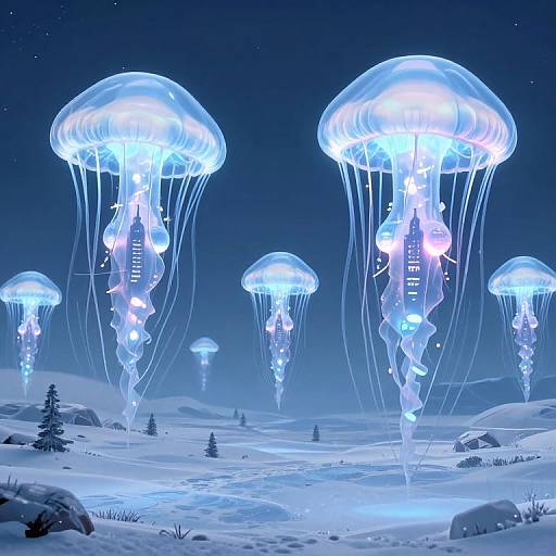 Digital art of glowing blue jellyfish with luminescent bodies floating above a snowy landscape at night, with distant trees and a starry sky.