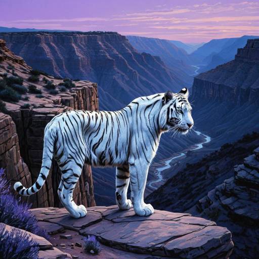 Majestic White Tiger on Canyon Cliff at Dusk