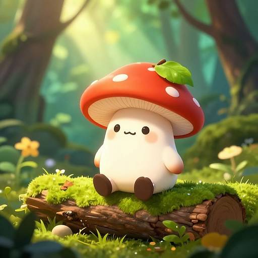 Cute digital illustration of a chibi mushroom character with a red cap, white body, and green leaf, sitting on mossy log in a sun