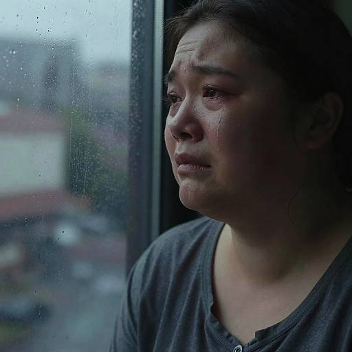 Photograph of a sad Asian woman with short dark hair, wearing a gray shirt, gazing out a rainy window, tears on her cheek.