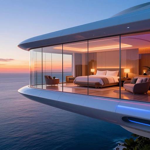 Modern glass-walled bedroom on a floating structure, overlooking sunset ocean. Bed with white linens, two lamps, two chairs, and a sleek,