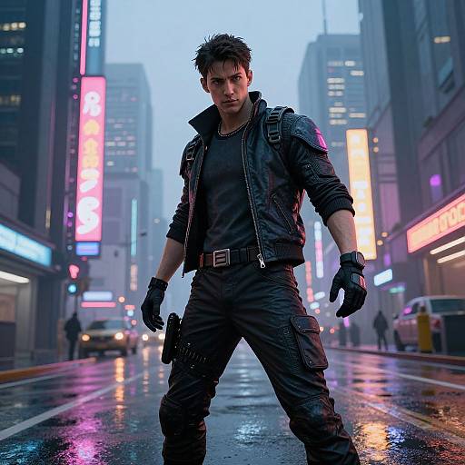 Digital artwork of a rugged, dark-haired man in black tactical gear standing confidently in a neon-lit, rainy city street at dusk.