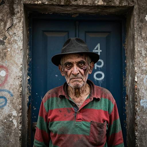 Elderly Man with Intense Gaze and Wounded Face