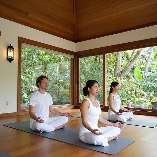 Photograph of three Asian women in white yoga attire, meditating in a wooden room with large windows overlooking lush greenery.