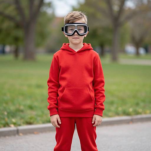 Photograph of a young boy with light brown hair, wearing oversized black VR goggles, a bright red hoodie, and matching red pants, standing on a