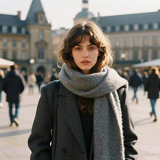 Photograph of a young woman with wavy brown hair, wearing a gray scarf and black checkered coat, standing in a sunlit, bustling European