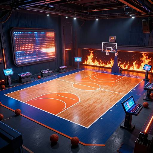 Photorealistic digital image of a modern, brightly lit basketball court with orange and blue hardwood, surrounded by fire effects, screens, and control panels.