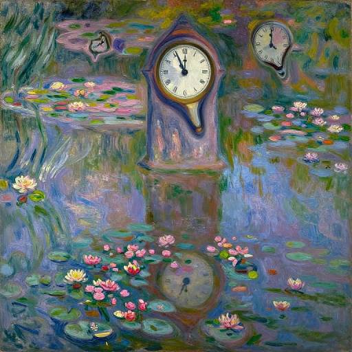 Whimsical painting of a clock surrounded by water lilies, with two clock faces floating above, in vibrant, dreamlike colors.