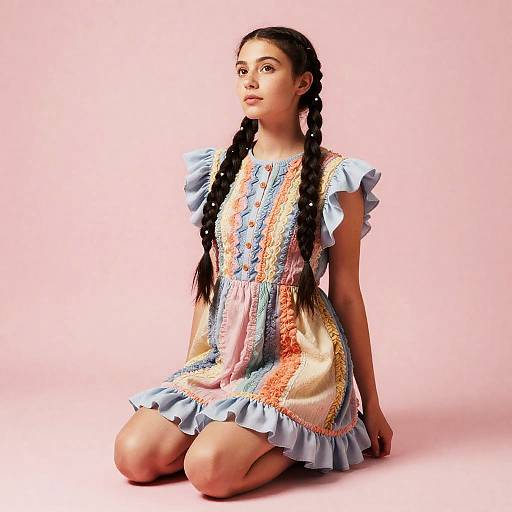 Young Woman in Pastel Ruffled Dress with Braids