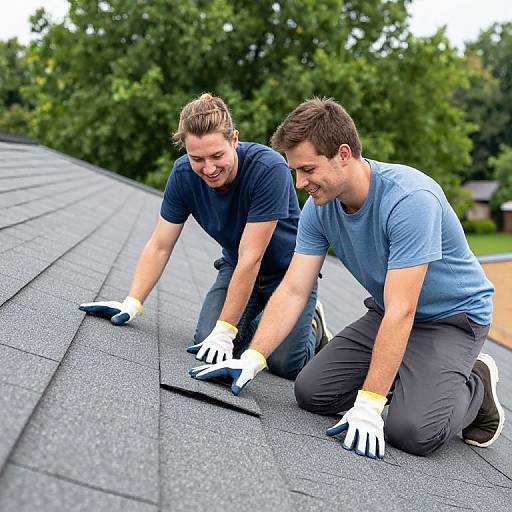 Photograph of two Caucasian men, wearing blue shirts and gloves, kneeling on a grey shingled roof, smiling while installing tiles. Lush green