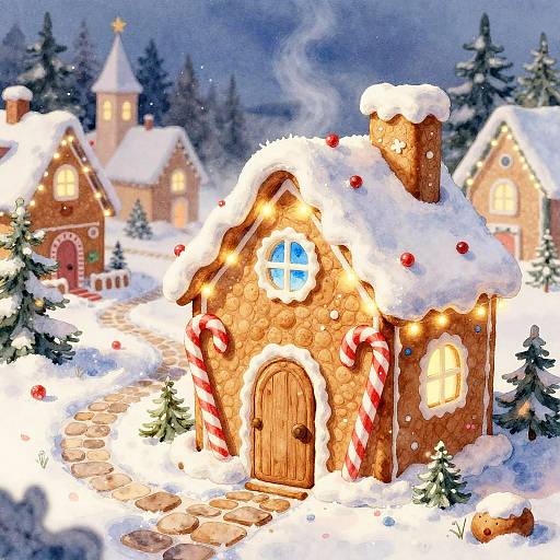 Whimsical, snow-covered gingerbread house with glowing windows, candy cane decorations, and string lights, set in a magical, snowy village at night