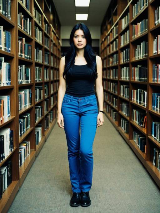 Woman with Black Hair in Library