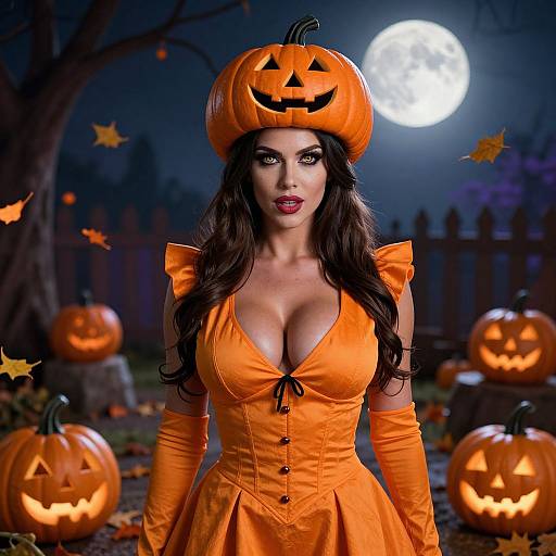 Photograph of a sexy woman with large breasts, wearing an orange pumpkin hat, dress, and gloves, surrounded by glowing jack-o'-lanterns