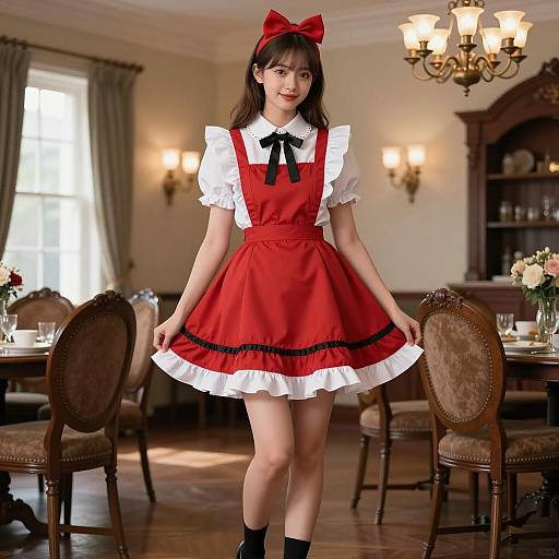 Young Woman in Red French Maid Outfit in Elegant Dining Room