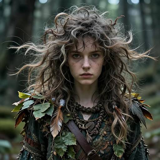 Photograph of a young woman with wild, curly brown hair, wearing leaf and feather-adorned dark clothing, standing in a forest.