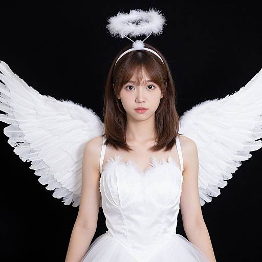 Photograph of an Asian woman with shoulder-length brown hair, wearing a white angel dress, halo headband, and large white feather wings, against a