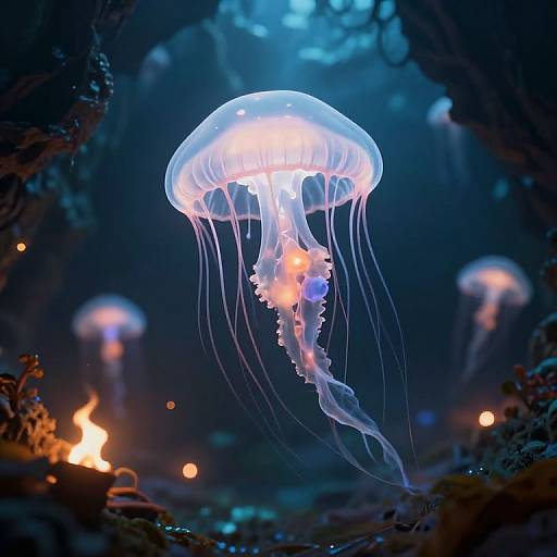 Photograph of a glowing blue jellyfish with translucent, flowing tentacles in a dark underwater cave, illuminated by soft blue and orange lights.
