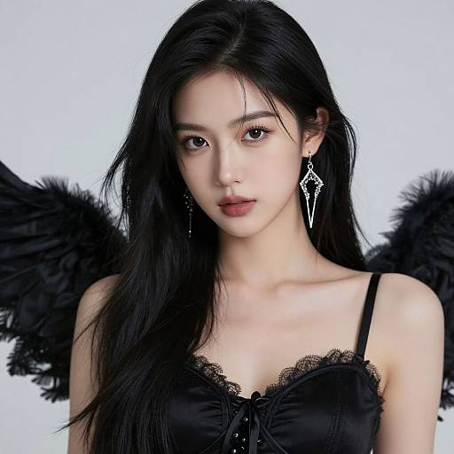 Photograph of an Asian woman with long black hair, wearing a black lace-trimmed camisole, black feathered wings, and silver star