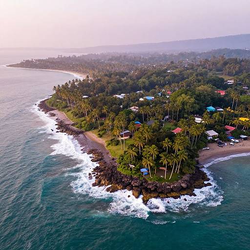 Aerial photograph of a tropical island with palm trees, colorful roofs, and a rocky shoreline, surrounded by turquoise ocean waves.