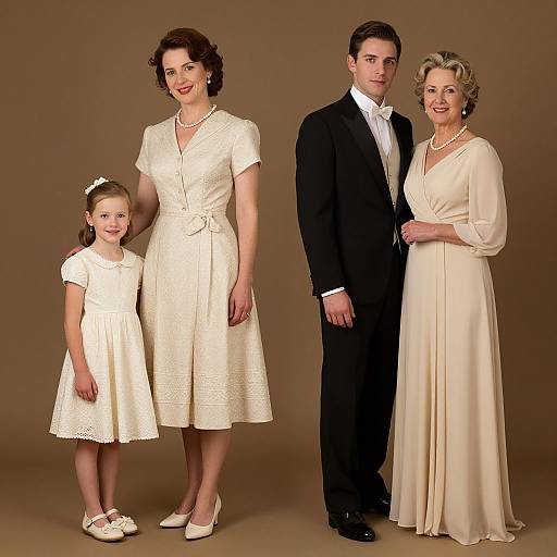 Photograph of 1950s-style family: mother in white dress, pearl necklace; father in black suit, white shirt; daughter in white dress