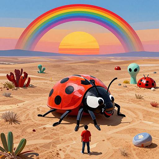 Surreal Desert with Giant Ladybug and Rainbow