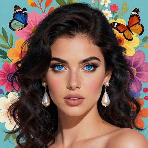 Digital portrait of a beautiful woman with blue eyes, dark wavy hair, pearl earrings, surrounded by colorful flowers and butterflies.