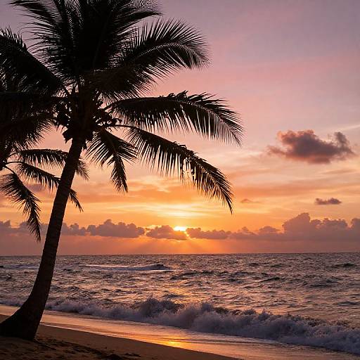 Photograph of a tropical beach at sunset, featuring a silhouetted palm tree against a vibrant orange and pink sky, with gentle waves crashing onto