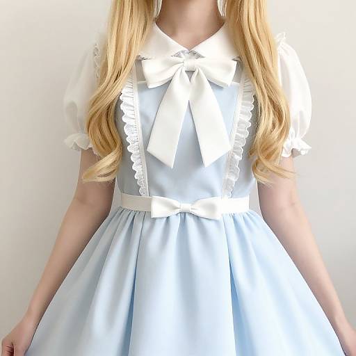 Photograph of a young girl with long blonde hair, wearing a light blue satin dress with white lace trim and a large bow, standing against a plain