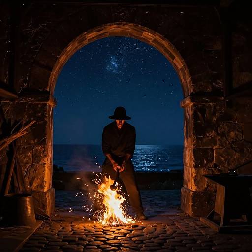Photograph of a lone man in a hat, black clothes, standing in a stone archway, tending a small, bright fire under a star