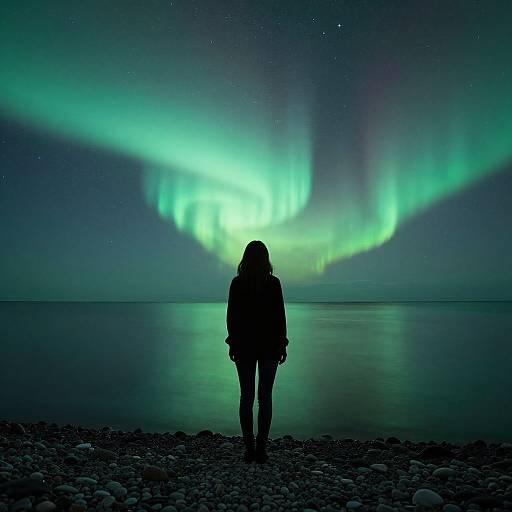 Silhouetted person stands on rocky shore, gazing at vibrant green and blue Northern Lights reflecting on calm water at night.