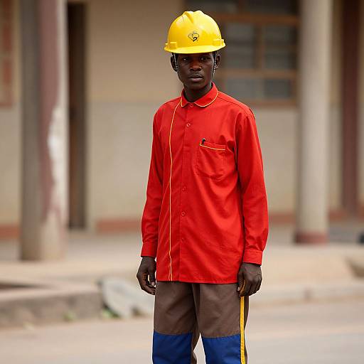 Man in Striped Shirt and Hard Hat