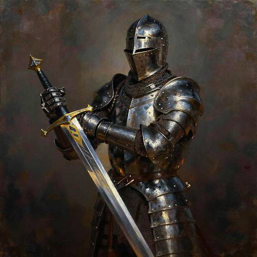 Photorealistic painting of a medieval knight in shiny silver armor, holding a gleaming sword with a gold hilt, against a dark, textured background