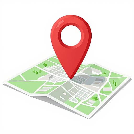 Digital illustration of a bright red map pin with a circular hole, centered on a green and white street map.